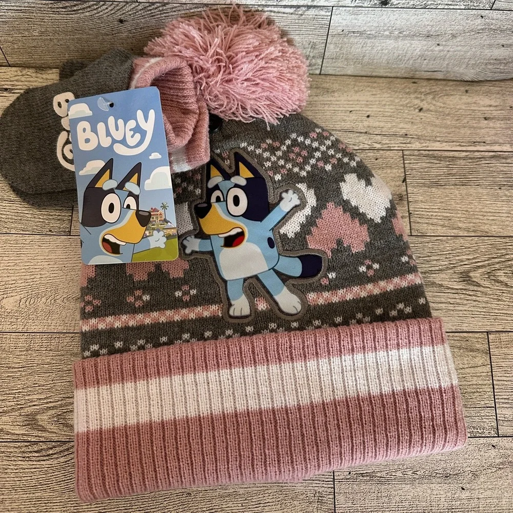 Bluey Gray and Pink Heart Knit Pom Pom Beanie with mittens